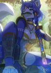 1girl animal_ears animal_nose blue_fur blue_hair body_fur breasts circlet cleavage fish fish_in_mouth fox_ears fox_girl fox_tail furry furry_female highres holding holding_staff jecbrush krystal large_breasts loincloth snout solo staff star_fox star_fox_adventures tail tail_ornament tail_ring two-tone_fur wet 