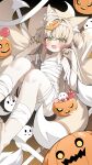  1girl absurdres animal_ears arknights bandages breasts chinese_commentary commentary_request green_eyes halloween highres jack-o'-lantern kitsune kyuubi long_hair looking_at_viewer lying multiple_tails pumpkin small_breasts solo suzuran_(arknights) tail yesheng_de_lingchezi 