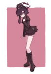  1girl blue_archive boots closed_mouth commentary_request hair_over_one_eye halo haruka_(blue_archive) highres knee_boots looking_at_viewer metronomechan miniskirt one_eye_covered pink_background purple_eyes purple_hair skirt solo thighs two-tone_background white_background 
