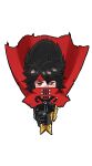  1boy 723_re armored_boots belt belt_buckle black_hair black_pants blush boots buckle cape chibi chibi_only cloak commentary_request covered_mouth falling final_fantasy final_fantasy_vii final_fantasy_vii_remake final_fantasy_vii_revelation floating_cape floating_hair full_body gauntlets hair_between_eyes headband looking_at_viewer male_focus multiple_belts pants red_cape red_cloak red_eyes red_headband single_gauntlet solo straight-on transparent_background vincent_valentine 