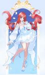  1girl absurdres alternate_costume aqua_eyes bare_shoulders blue_dress blue_flower blue_gem blue_shoes blue_sleeves blush bow bowtie breasts cleavage closed_mouth commentary detached_sleeves dress floating_hair flower full_body gem genshin_impact hand_up high_heels highres long_hair long_sleeves looking_at_viewer marufus medium_breasts nilou_(genshin_impact) petticoat shoes smile solo standing standing_on_one_leg strapless strapless_dress twintails very_long_hair white_bow white_bowtie 