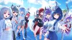  6+girls absurdres ahoge akane_lize animal_ear_fluff animal_ears aokumo_rin arahashi_tabi arm_under_breasts arm_up ayatsuno_yuni bare_legs black_horns black_jacket black_shirt black_shorts blue_eyes blue_hair blue_scrunchie blue_shorts blush braid braided_twintails breasts cat_ears cleavage collared_shirt commentary cone_hair_bun creature_on_head crop_top cropped_shirt cross-shaped_pupils day denim denim_shorts double-parted_bangs english_commentary everyone fangs gangzi_(vtuber) gloves goggles goggles_on_head green_eyes green_hair grey_eyes grey_hair grey_shirt grey_skirt grin haedungi_(shirayuki_hina) hair_between_eyes hair_bun hair_intakes hair_ornament hairclip hanako_nana hand_up heterochromia highres horns jacket japanese_clothes kimono large_breasts long_hair long_sleeves looking_at_viewer manda_(luts7602) miniskirt multicolored_hair multiple_girls necktie neneko_mashiro nontraditional_miko open_clothes open_jacket open_kimono open_mouth outdoors parallel_hairclips pink_hair pleated_skirt print_shirt purple_eyes purple_gloves purple_hair red_eyes red_hair red_necktie red_skirt ripples sakihane_huya scrunchie see-through_cleavage see-through_clothes shirt shirt_tucked_in shoes short_hair short_shorts short_sleeves shorts single_horn single_off_shoulder single_thighhigh skirt smile socks standing standing_on_liquid stellive straight_hair streaked_hair symbol-shaped_pupils t-shirt tenko_shibuki thighhighs twintails underboob very_long_hair water waving white_gloves white_headdress white_horns white_jacket white_kimono white_shirt white_shoes white_skirt white_socks wide_sleeves wrist_scrunchie yellow_eyes yuzuha_riko 