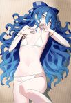  1girl bangle bikini blue_bow blue_eyes blue_hair blush bow bracelet commentary_request covering_own_mouth flat_chest floor gold_bangle hair_between_eyes hair_bow hand_over_own_mouth highres indoors jewelry kaminose knee_up long_hair looking_at_viewer lying navel on_back on_floor open_mouth solo swimsuit tatami touhou very_long_hair white_bikini yorigami_shion 