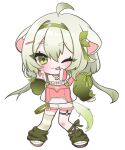  1girl ahoge animal_ears chibi commentary ferret_ears ferret_girl ferret_tail gradient_hair green_eyes green_hair green_hairband green_leg_warmers hairband highres io_07 leg_warmers limealicious limealicious_(cozy) looking_at_viewer multicolored_hair one_eye_closed overall_shorts overalls pink_overalls short_hair single_thighhigh solo sweater thighhighs twintails vinesauce virtual_youtuber white_background white_hair 