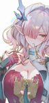  1girl absurdres arknights arknights:_endfield blue_horns blush breasts cleavage demon_girl demon_horns fingerless_gloves gloves hair_intakes hair_over_one_eye highres horns large_breasts mi_fu_(arknights) mole mole_on_breast mole_under_eye pink_hair pointy_ears red_gloves simple_background solo upper_body white_background yanjem 