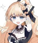  1girl absurdres black_choker black_dress blonde_hair blue_eyes bow braid breasts choker commentary_request cross cross_earrings dress earrings fishnet_sleeves fishnets frilled_choker frilled_dress frilled_sleeves frills hair_bow harumaking highres jewelry long_hair long_sleeves looking_at_viewer mahou_shoujo_no_majo_saiban mole mole_under_eye open_mouth outstretched_arm saeki_miria simple_background smile solo upper_body white_background 