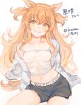  1girl absurdres animal_ears black_shorts breasts collarbone commentary_request commission hair_between_eyes highres horse_ears horse_girl horse_tail long_hair long_sleeves looking_at_viewer mayano_top_gun_(umamusume) midriff navel open_clothes open_shirt orange_eyes orange_hair orange_tail parted_lips shimura_(hosshi) shirt shorts single_bare_shoulder skeb_commission small_breasts smile solo tail tank_top two_side_up umamusume white_shirt white_tank_top 