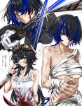  2girls absurdres black_eyes black_hair blood blood_on_clothes blue_hair breasts character_name chest_sarashi closed_mouth commentary_request daffodill_(nte) dual_wielding goggles goggles_on_head hair_over_one_eye highres holding holding_knife holding_sword holding_weapon knife large_breasts long_hair looking_at_viewer multicolored_hair multiple_girls murderdoll1641 neverness_to_everness nude ponytail red_eyes sarashi solo sword two-tone_hair very_long_hair weapon 