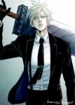  1boy absurdres alternate_costume black_gloves black_jacket black_necktie blonde_hair blue_eyes buster_sword closed_mouth cloud_strife collared_shirt commentary_request final_fantasy final_fantasy_vii final_fantasy_vii_remake gloves gradient_background highres holding holding_sword holding_weapon jacket konasu_(01burst) long_sleeves looking_at_viewer male_focus necktie open_clothes open_jacket shirt short_hair solo spiked_hair suspenders sword twitter_username upper_body weapon white_shirt 