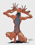  black_nails colored_skin commentary_request demon_(megami_tensei) eien12m hand_eye highres looking_at_viewer monster monster_focus on_one_knee pisaca_(megami_tensei) red_skin sharp_teeth shin_megami_tensei simple_background teeth white_background 