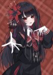  1girl armband black_capelet black_hair black_shirt black_skirt capelet collared_shirt commentary_request cowboy_shot crown flower gloves hair_flower hair_ornament highres layered_skirt long_hair long_skirt long_sleeves looking_at_viewer mahou_shoujo_no_majo_saiban necktie nikaido_hiro onyannko00 open_mouth outstretched_hand plaid_background pleated_capelet pleated_skirt red_armband red_background red_eyes red_flower red_necktie red_skirt shirt side_capelet skirt solo white_gloves white_shirt 