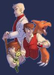  1boy age_progression arm_hair blue_background blue_eyes cane celebi charmeleon chest_hair closed_mouth commentary cropped_torso english_commentary from_side highres holding holding_cane holding_poke_ball holding_pokemon male_focus mature_male nadia_fazilla poke_ball pokemon pokemon_(anime) pokemon_(classic_anime) pokemon_(creature) pokemon_4ever_-_celebi:_the_voice_of_the_forest professor_oak red_shirt red_vest shirt sideburns simple_background vest white_shirt 