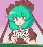  1girl :3 bow card commentary_request front_ponytail gradient_background green_eyes green_hair hair_bow highres holding holding_card kagiyama_hina mizusoba pink_background playing_card puff_of_air red_bow red_shirt satisfied shirt short_sleeves sparkle sparkling_eyes table touhou 