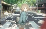 1girl 5others absurdres artist_name aspara backpack bag bag_charm blue_jacket brown_eyes brown_hair building car charm_(object) cityscape cowboy_shot crosswalk dappled_sunlight day denim denim_jacket fang frilled_skirt frills grey_skirt hair_ornament hairclip highres jacket looking_at_viewer looking_to_the_side motor_vehicle multiple_others open_mouth original outdoors power_lines road short_hair skin_fang skirt solo_focus street sunlight taiyaki_charm tree utility_pole white_bag 