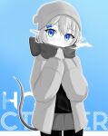  1boy absurdres animal_ears basher beanie blue_background blue_bow blue_eyes boros_(ouro_kronii) bow closed_mouth coat commentary cowboy_shot english_commentary gloves greyscale_with_colored_background hair_bow hat highres hololive hololive_english long_sleeves looking_at_viewer male_focus open_clothes open_coat own_hands_together pantyhose personification pointy_ears scarf shirt short_hair sleeves_past_wrists snake_boy snake_tail solo spot_color tail trap virtual_youtuber 