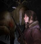  2girls animal_ears antlers artist_name black_sweater blood brown_gloves brown_hair claws closed_mouth commentary english_commentary from_side fur-trimmed_jacket fur_trim gloves green_eyes gun hair_over_one_eye highres holding holding_gun holding_weapon horns jacket keibleh long_hair looking_at_another monster multiple_girls original outdoors parted_lips red_jacket red_pupils scared scope short_hair snow sweat sweater tree turtleneck turtleneck_sweater weapon 