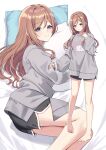  1girl barefoot black_shorts blush brown_hair commentary_request dolphin_shorts full_body gakuen_idolmaster grey_sweater hair_between_eyes hair_down hair_intakes highres himesaki_rinami hugging_object idolmaster kurousagi_yuu legs long_hair long_sleeves looking_at_viewer lying multiple_views on_side open_mouth pillow pillow_hug short_shorts shorts smile standing sweater thighs toes 