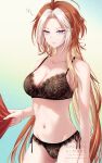  1girl black_bra black_panties blue_eyes bra breasts highres humanization large_breasts multicolored_hair orange_hair orfevre_(umamusume) panties parted_lips shirt_tug single_bare_shoulder squeans two-tone_hair umamusume underwear underwear_only white_hair yue_(lov_n_n) 
