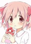  1girl aoki_ume_(style) blush bow collared_shirt commentary_request cup drinking drinking_glass drinking_straw food fruit hair_between_eyes hair_bow highres hitode holding holding_cup kaname_madoka long_sleeves mahou_shoujo_madoka_magica mahou_shoujo_madoka_magica_(anime) parody pink_bow pink_eyes pink_hair shirt short_hair short_twintails simple_background solo strawberry style_parody twintails upper_body white_background white_shirt 