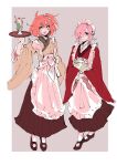  2girls :> alternate_costume apron border bow commentary d24023 fate/grand_order fate_(series) fujimaru_ritsuka_(female) full_body hair_bow hair_ornament hair_over_one_eye hair_scrunchie hakama hakama_skirt highres holding holding_menu holding_tray japanese_clothes kimono looking_at_viewer maid maid_headdress mash_kyrielight menu multiple_girls orange_hair pink_eyes pink_hair scrunchie short_hair sketch skirt smile smoothie tray untranslatable_commentary white_apron white_bow wide_sleeves 