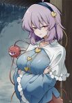  1girl arms_under_breasts black_hairband blue_shirt breasts buttons capelet commentary_request crossed_arms disembodied_linked_eye eyeball frilled_sleeves frills hair_ornament hairband heart heart_button heart_hair_ornament highres komeiji_satori large_breasts long_sleeves looking_at_viewer medium_hair outdoors pink_skirt purple_eyes purple_hair rain scavia10 shirt skirt solo touhou water_drop wet wet_clothes wet_hair wet_shirt white_capelet wide_sleeves 