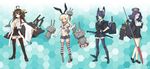  :3 alphes_(style) anchor bare_shoulders black_hair blonde_hair boots brown_hair cannon elbow_gloves eyepatch fingerless_gloves glaive gloves grey_eyes grey_footwear hair_ornament hair_ribbon hairband hands_on_hips highleg highleg_panties highres kantai_collection kaoru_(gensou_yuugen-an) kongou_(kantai_collection) lifebuoy loafers mechanical_halo miniskirt multiple_girls navel no_socks nontraditional_miko panties parody polearm purple_eyes rensouhou-chan ribbon ribbon-trimmed_sleeves ribbon_trim school_uniform shimakaze_(kantai_collection) shoes skirt smile striped striped_legwear style_parody tatsuta_(kantai_collection) tenryuu_(kantai_collection) thigh_boots thighhighs underwear weapon wide_sleeves yellow_eyes zettai_ryouiki ||_|| 