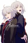  2girls ahoge black_dress black_jacket blue_coat blue_sweater breasts character_name choker coat collared_shirt commentary_request dress dual_persona echo_(circa) fate/grand_order fate_(series) fur-trimmed_coat fur_trim grey_hair jacket jeanne_d'arc_alter_(fate) jeanne_d'arc_alter_(ver._shinjuku_1999)_(fate) large_breasts long_sleeves looking_at_viewer looking_back multiple_girls necktie open_clothes open_coat open_mouth pseudo-tokyo_school_uniform school_uniform shirt short_hair sweater white_shirt yellow_eyes 