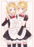  1boy 1girl absurdres apron aqua_eyes black_dress black_sleeves black_thighhighs blonde_hair blush brother_and_sister closed_mouth commentary_request crossdressing crossdressing_(mtf) dress enmaided frilled_apron frills headphones highres hisui_ame kagamine_len kagamine_rin long_hair maid maid_apron maid_headdress male_maid necktie open_mouth red_necktie short_hair siblings smile thighhighs twins v vocaloid waist_apron white_apron yellow_nails 