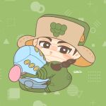  1boy black_eyes blush_stickers braid bright_pupils brown_hair chibi chibi_only commentary commentary_request compound_eyes doggy_style_(stand) floral_print grape_hat_ornament green_background green_hat green_jumpsuit hat hug jojo_no_kimyou_na_bouken jojolion jumpsuit looking_at_viewer male_focus mamezuku_rai pompom8jojo signature solo stand_(jojo) ushanka white_pupils yellow_eyes yellow_hat 