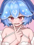  1girl bao_the_whale blue_hair boyal bra breasts cleavage highres indie_virtual_youtuber jewelry large_breasts looking_at_viewer necklace open_mouth pearl_necklace red_eyes short_hair solo underwear v v_over_mouth virtual_youtuber white_bra 