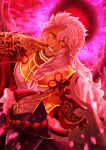  1boy absurdres arm_tattoo ars_almadel_salomonis_(fate) braid chinese_knot commentary_request facial_mark fate/grand_order fate_(series) floating_clothes gowagowanoinu highres jewelry long_hair looking_at_viewer male_focus neck_ring open_mouth ring_hair_ornament sharp_teeth side_braid solo solomon_(fate) tassel tattoo teeth white_hair yellow_eyes 
