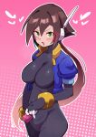  1girl absurdres aile_(mega_man_zx) black_bodysuit blue_jacket blush bodysuit breasts brown_hair buzzlyears commentary condom cowboy_shot cropped_jacket green_eyes heart highres holding holding_condom jacket large_breasts long_hair looking_at_viewer mega_man_(series) mega_man_zx mega_man_zx_advent open_mouth outline pink_background ponytail robot_ears solo white_outline 