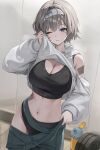  1girl absurdres bare_shoulders black_panties black_sports_bra blue_eyes breasts cleavage clothes_lift clothes_pull clothing_cutout commentary_request cropped_hoodie goddess_of_victory:_nikke grey_hair grey_pants highres hood hood_down hoodie hoodie_lift indoors korean_commentary large_breasts lifting_own_clothes long_sleeves looking_at_viewer mokew mole mole_on_stomach mole_under_eye navel panties pants pants_pull prika_(cool_paprika)_(nikke) prika_(nikke) puffy_long_sleeves puffy_sleeves short_hair shoulder_cutout solo sports_bra stomach sweat underwear white_hoodie wiping_face wiping_sweat 