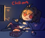  1girl :3 antenna_hair arcueid_brunestud bed black_pantyhose blonde_hair breasts chibi chibi_only coffee_mug controller cup english_text food holding holding_controller holding_remote_control isurugiratone lying mug on_bed on_side pantyhose pillow popcorn purple_skirt red_eyes remote_control resting short_hair sidelocks single_hair_intake skirt smile solid_circle_eyes solo sweater tsukihime turtleneck turtleneck_sweater watching_television 