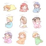  6+girls aged_down ayase_eli baby bib bottle closed_eyes commentary crawling curious eclaircat finger_sucking giggling highres holding holding_bottle hoshizora_rin jumpsuit koizumi_hanayo kosaka_honoka love_live! love_live!_school_idol_project minami_kotori multiple_girls nishikino_maki short_hair side_ponytail simple_background sleeping sonoda_umi tojo_nozomi twintails yazawa_nico 