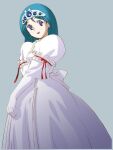  1girl aqua_hair circlet commentary_request dress elbow_gloves frilled_dress frills gloves hamakawa_shuujirou jewelry long_hair looking_at_viewer official_art open_mouth princess_melora red_ribbon ribbon simple_background solo twinbee white_dress 