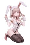  1girl absurdres animal_hat breasts brown_hair cleavage commentary danganronpa_(series) danganronpa_2:_goodbye_despair detached_collar fishnet_thighhighs fishnets flipped_hair full_body hat high_heels highres kn0309dg large_breasts leotard looking_at_viewer mole mole_on_breast nanami_chiaki partially_unbuttoned pink_eyes pink_shoes rabbit_hat shoes simple_background solo thighhighs untranslatable_commentary white_background white_leotard 