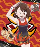  1girl :d ;d alternate_costume arcanine arm_up asatsuki_(fgfff) brown_eyes brown_hair commentary_request dynamax_band excadrill flame_print gloria_(pokemon) happy looking_at_viewer one_eye_closed open_mouth pokemon pokemon_sword_and_shield print_shirt print_shorts shirt short_hair shorts sleeveless sleeveless_shirt smile teeth upper_teeth_only 