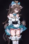  1girl a_tea arknights ball_gag bare_shoulders blue_bow bound bound_arms bound_legs bow breast_bondage brown_hair clothes_lift commentary_request disembodied_hand dress dress_lift drooling eyjafjalla_(arknights) eyjafjalla_the_hvit_aska_(a_picnic_before_a_long_trip)_(arknights) eyjafjalla_the_hvit_aska_(arknights) frilled_dress frills gag gagged highres long_hair medium_hair pubic_hair purple_eyes pussy_juice skindentation thigh_gap thighhighs very_long_hair white_thighhighs 