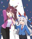  2girls absurdres animal_ears aqua_eyes black_pants blue_hairband blue_jacket blunt_bangs brown_hair commentary_request ear_covers fang grey_hair hairband highres horse_ears horse_girl jacket looking_at_another looking_at_viewer lucky_lilac_(umamusume) masakano_masaka microphone multiple_girls necktie one_eye_closed open_mouth pants pink_jacket purple_eyes red_necktie shirt side_ponytail spotlight tamamo_cross_(umamusume) umamusume white_shirt 