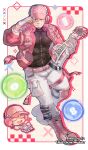  1boy absurdres bara baseball_cap belt black_shirt blue_eyes blush boots brown_hair bubble cargo_pants chibi chibi_inset closed_eyes commentary commission covered_pectorals dooyong_9n english_commentary english_text facial_hair full_body gloves goatee guitar hat headphones headphones_over_headwear highres holding holding_guitar holding_instrument instrument jacket jewelry knee_pads male_focus mole mole_under_eye multicolored_gloves muscular muscular_male musical_note open_clothes open_jacket open_mouth original pants partially_fingerless_gloves pectorals pink_belt pink_boots pink_gloves pink_hat pink_jacket pixel_art_inset playing_guitar playing_instrument ring shirt single_knee_pad smile striped_blush tight_clothes tight_shirt turtleneck twitter_username two-tone_gloves white_gloves white_pants zipper 