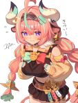 1girl ahoge animal_ears aqua_streaks bell bell_earrings black_hairband black_skirt blush breasts closed_mouth commentary_request cow_ears cow_girl cow_horns crop_top detached_sleeves earrings fingernails genshin_impact hair_between_eyes hair_intakes hairband hands_on_own_chest highres horns jewelry large_breasts leaning_forward long_hair miniskirt multicolored_hair navel niadn_nb pink_hair purple_eyes signature simple_background skirt solo stomach streaked_hair varesa_(genshin_impact) very_long_hair white_background yellow_sleeves 
