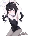  1girl animal_ears armpits arms_up bare_shoulders black_hair black_leotard black_pantyhose blush closed_mouth commentary_request cuffs detached_collar grey_eyes handcuffs harumaking kurobe_nanoka leotard long_hair looking_at_viewer mahou_shoujo_no_majo_saiban pantyhose playboy_bunny rabbit_ears simple_background sitting solo strapless strapless_leotard twintails wariza white_background 