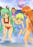  3girls amagi_mikaru ankoku_tiger ball beachball bikini blonde_hair brown_hair casual_one-piece_swimsuit closed_eyes green_eyes green_hair hippo_(mermaid_melody_pichi_pichi_pitch) long_hair male_swimwear mermaid_melody_pichi_pichi_pitch multiple_girls ocean official_style one-piece_swimsuit orange_eyes orange_hair seira_(mermaid_melody_pichi_pichi_pitch) short_hair swim_trunks swimsuit swimwear twintails very_long_hair water yuuri_(mermaid_melody_pichi_pichi_pitch) 