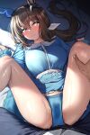  1boy 1girl absurdres admire_vega_(umamusume) animal_ears asdkd123 bed_sheet black_pants blue_dress blue_panties blush breasts brown_hair closed_mouth commentary_request dress ear_covers ear_ornament hair_between_eyes head_on_pillow highres horse_ears horse_girl large_breasts long_hair looking_to_the_side low_ponytail lying on_back on_bed panties pants pillow ponytail red_eyes single_ear_cover spread_legs stained_panties sweat thighs umamusume underwear 