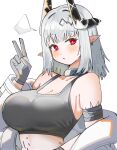  1girl arknights bare_shoulders black_collar black_horns black_tank_top blush breasts bright_pupils cleavage collar commentary_request diamond-shaped_pupils diamond_(shape) gloves grey_gloves grey_jumpsuit hand_up highres horns huge_breasts infection_monitor_(arknights) jumpsuit looking_at_viewer material_growth medium_hair mudrock_(arknights) mudrock_(elite_ii)_(arknights) open_jumpsuit oripathy_lesion_(arknights) parted_lips pointy_ears red_eyes simple_background solo spam_(spamham4506) symbol-shaped_pupils tank_top upper_body v white_background white_hair white_pupils 