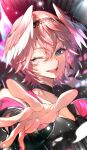  1girl :d ;d black_choker black_hairband blue_eyes choker commentary_request double-parted_bangs hair_between_eyes hairband head_wings highres hololive kakage looking_at_viewer official_artist_extra one_eye_closed open_mouth outstretched_arm pink_hair pink_wings reaching reaching_towards_viewer short_hair smile solo takane_lui upper_body virtual_youtuber wings 