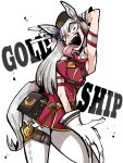 1girl \m/ animal_ears argyle_clothes argyle_pantyhose armband armpits blunt_bangs blunt_ends bow bowtie brown_hat character_name chest_harness commentary cowboy_shot crazy_eyes double_\m/ dress english_text gloves gold_ship_(red_strife)_(umamusume) gold_ship_(umamusume) grey_hair harness hat headgear highres horse_ears horse_girl horse_tail long_hair looking_at_viewer oligogi_meoggosipda open_mouth pantyhose pillbox_hat red_armband red_bow red_bowtie red_eyes ringed_eyes sleeveless sleeveless_dress solo striped_armband striped_clothes tail teeth tongue tongue_out umamusume under-elbow_gloves underbust upper_teeth_only waist_bag white_gloves white_pantyhose 