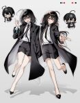  absurdres alalnqx black_coat black_hair black_necktie black_shorts blue_eyes blue_hair coat commentary high_heels highres index_finger_raised multicolored_hair necktie original pink_eyes pink_hair shirt short_shorts shorts thighs two-tone_hair v white_shirt 