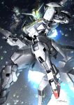  absurdres beam_cannon clenched_hand commentary damaged debris exhaust glowing glowing_eyes green_eyes gundam gundam_aerial_rebuild gundam_calibarn gundam_suisei_no_majo highres holding holding_weapon looking_down mecha mecha_focus mobile_suit motion_blur no_humans revision robot science_fiction signature space taka-f thrusters v-fin weapon 